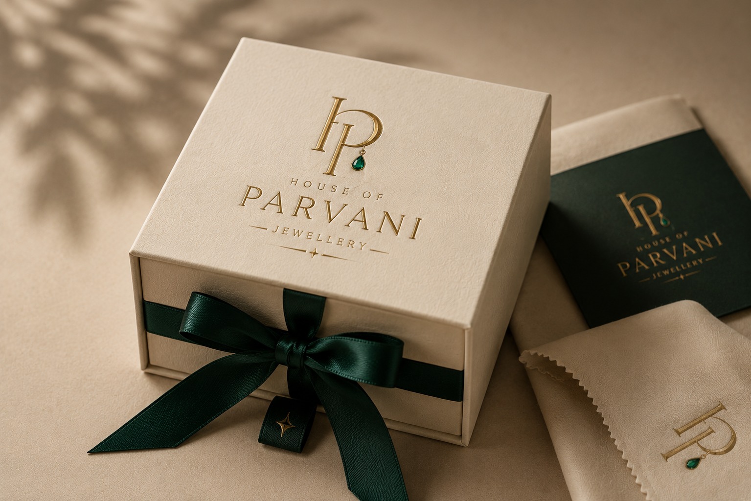House of Parvani parchment jewellery box with emerald silk ribbon